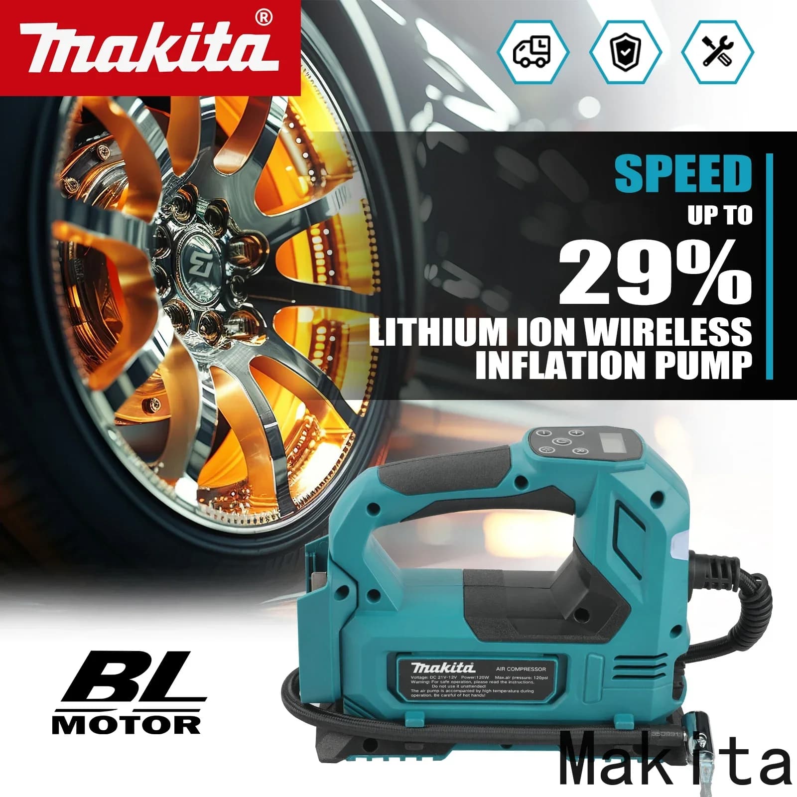 Compressore d'Aria Portatile Automatico Senza Fili Makita DYS59, Pompa Elettrica per Pneumatici Auto, Compatibile con Batteria Makita 18V
