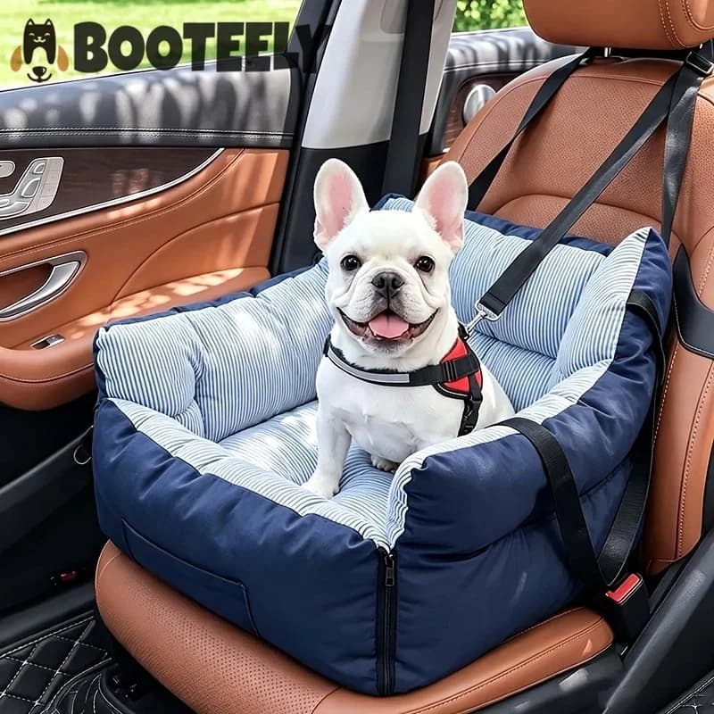 Dog Car Seat Bed Blue‑Stripe Pet Car Booster Seat With Safety Belt Washable Anti‑Collision Travel Sofa For Dogs And Cats