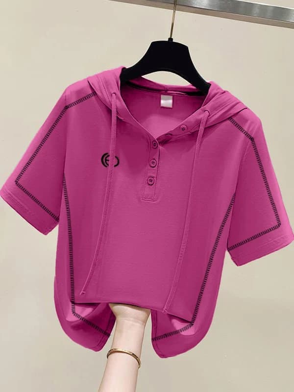 Ladies Large Size Short Sleeve T-Shirt Pure Cotton Hoodie Summer Fashion Simple Embroidery Loose Slimming Top Korean Style