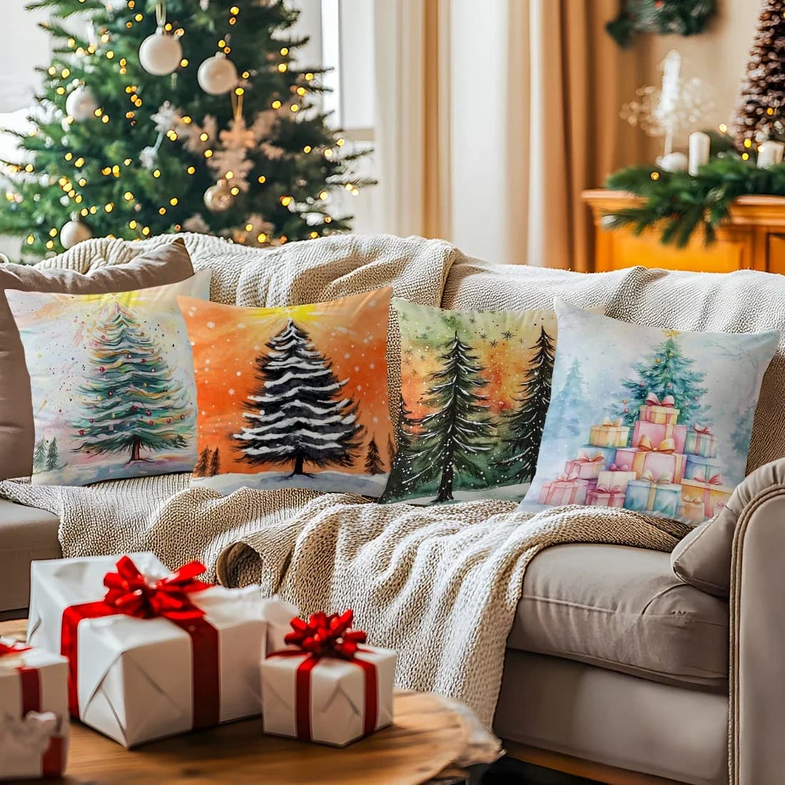 Acquerello Albero di Natale Cuscini Federa Fodera per cuscino in poliestere Federa per cuscino Decorazione per divano per auto per la casa