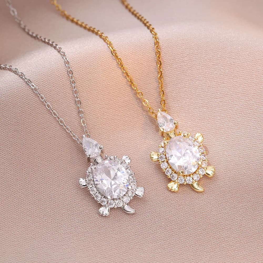 White Zircon Big Oval Stone Sea Turtle Pendant Necklaces For Women Trendy Gold Silver Color Stainless Steel Chain Animal Jewelry