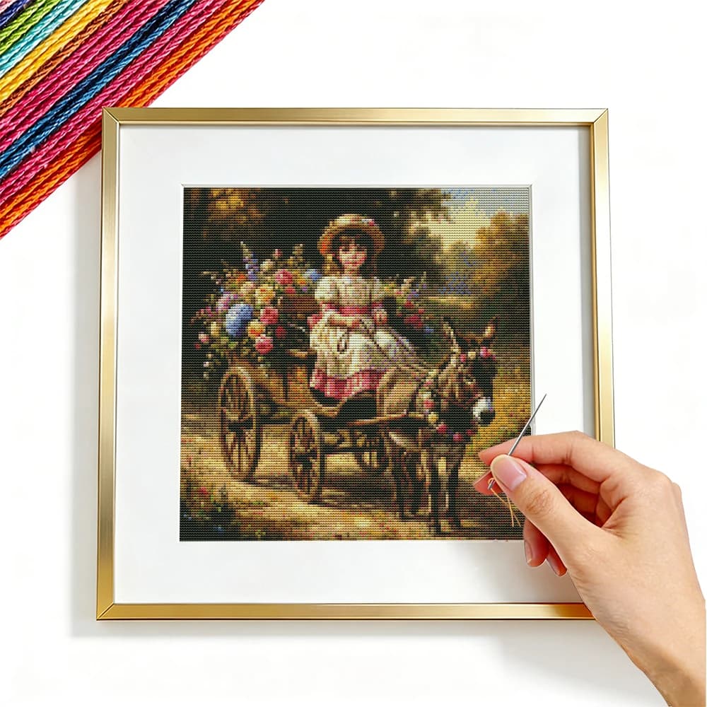 11CT Cross Stitch Kit Novelties Girl Portrait Diy Printed Canvas Adult Crafts Horse Rose Flower Pictures Printed Decorative