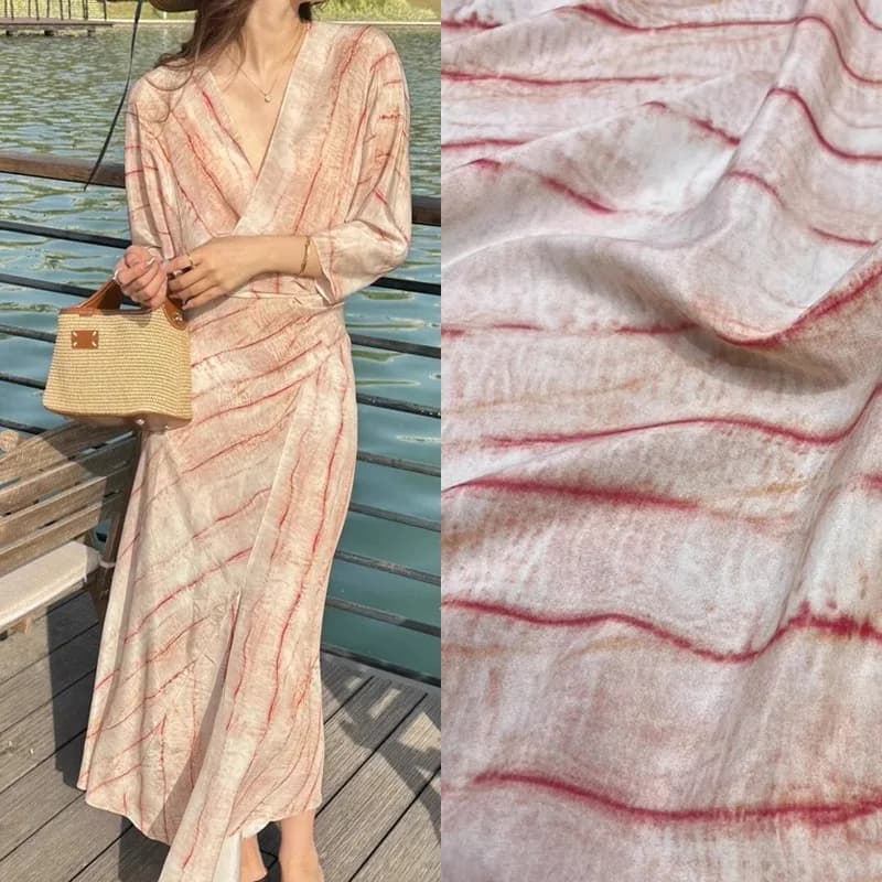 Stripe Printed Thin Pink Silk Crepe de Chine Fabric for DIY Sewing Dress Pants Skirt Pajamas Silk Fabric 140CM Wide 18MM R2529