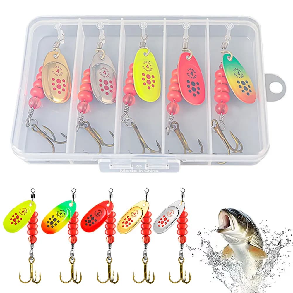 Set of 5 Rotating Metallic baits with Toolbox, Wobbler for Fishing Lucci, Seafood and Fish