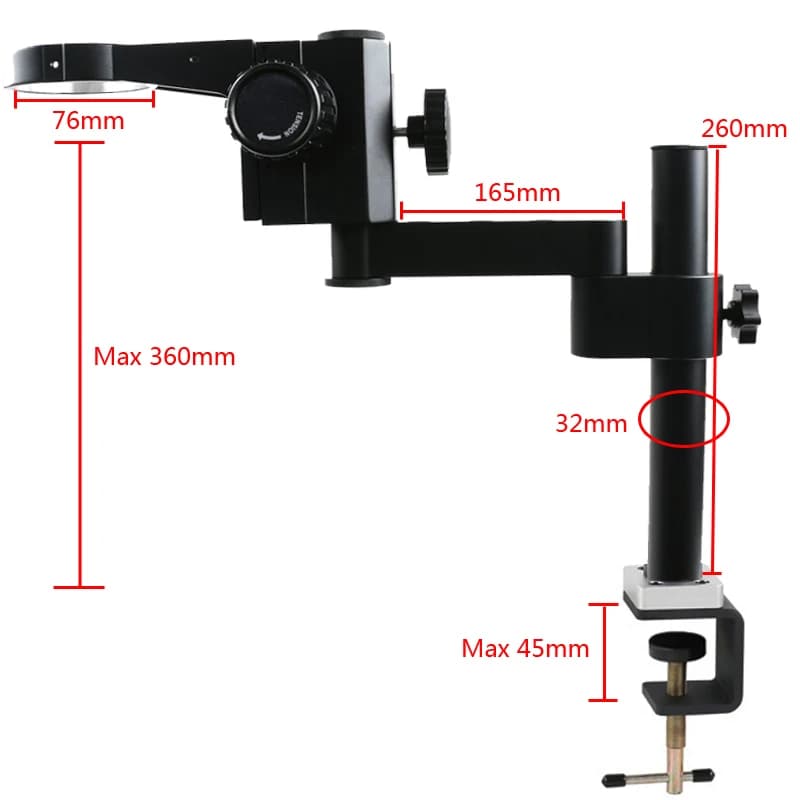 Supporto da Tavolo Girevole Regolabile Multi-angolo Nero da 32mm con Morsetto per Microscopio, Videocamera e Laboratorio, Base da 76MM 50MM
