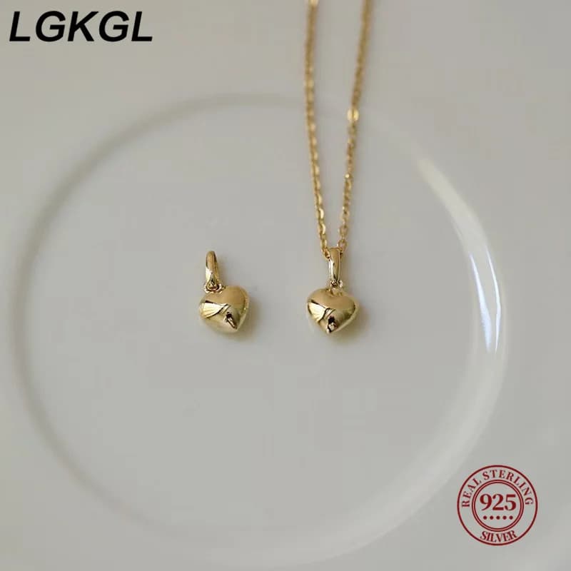 LGKGL S925 Sterling Silver 14K Gold Plated Heart Necklace Smooth Surface 3D Heart Pendant Lockbone Chain for Women