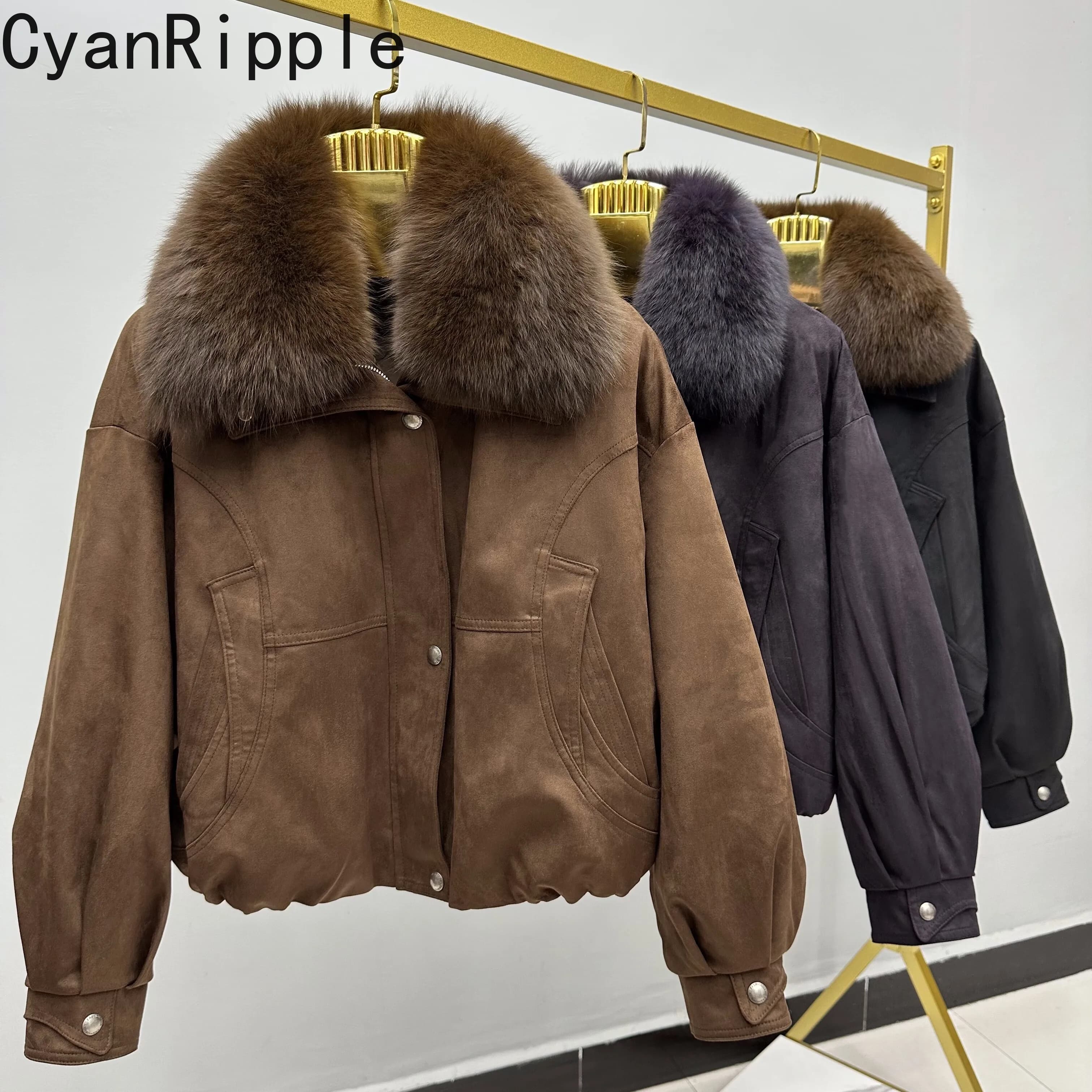 New Autumn Winter Suede Short Female Down Coat Keep Warm Detachable Fox Fur Collar Women Overcoat Long Sleeve Wadded Jacket