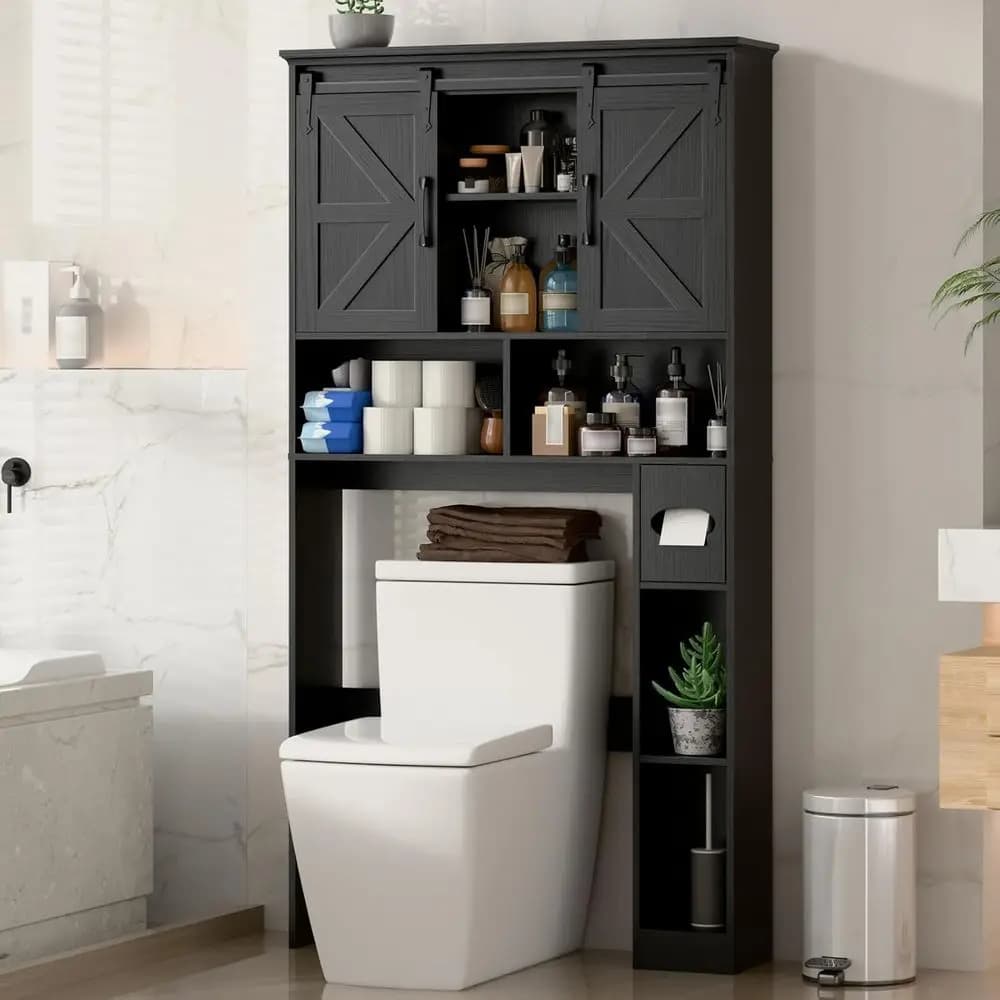 Space-Saving Toilet Storage Cabinet with Sliding Barn Doors, Bathroom Organizer featuring Toilet Paper Holder and Shelves for St