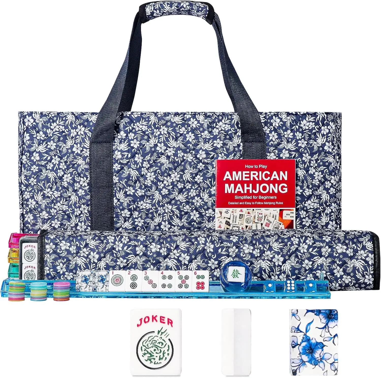 Set Completo di Mahjong Americano con 166 Tessere Premium in Acrilico, Stampe Blu, 4 Supporti/Spingitori e Borsa Floreale