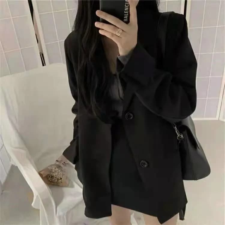 Black Coat Women's Small Suit Style Autumn Fashion Single Button Long Sleeve Regular Length Straight Cut Jacket