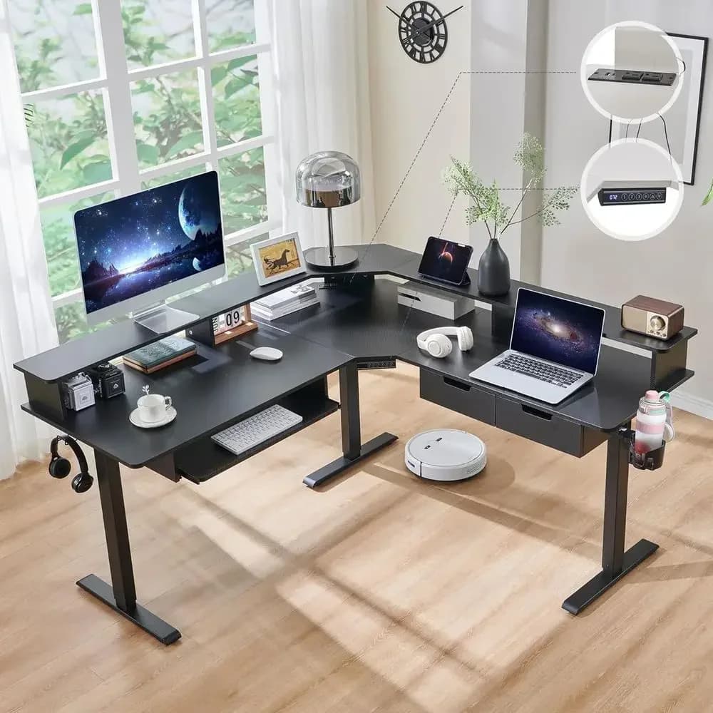 Scrivania Elettrica Regolabile in Altezza, Lunghezza 60 cm, Scrivania da Gaming con Cassetti, Prese di Corrente, Luci LED, Supporto per Monitor