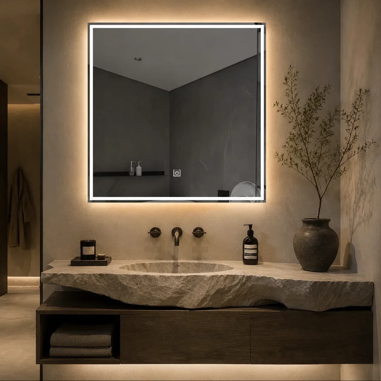 60 cm Bathroom Mirror with LED Light 60cm Square Anti Fog Touch Screen Smart Wall Mounted Vanity Makeup Mirror for Dressing