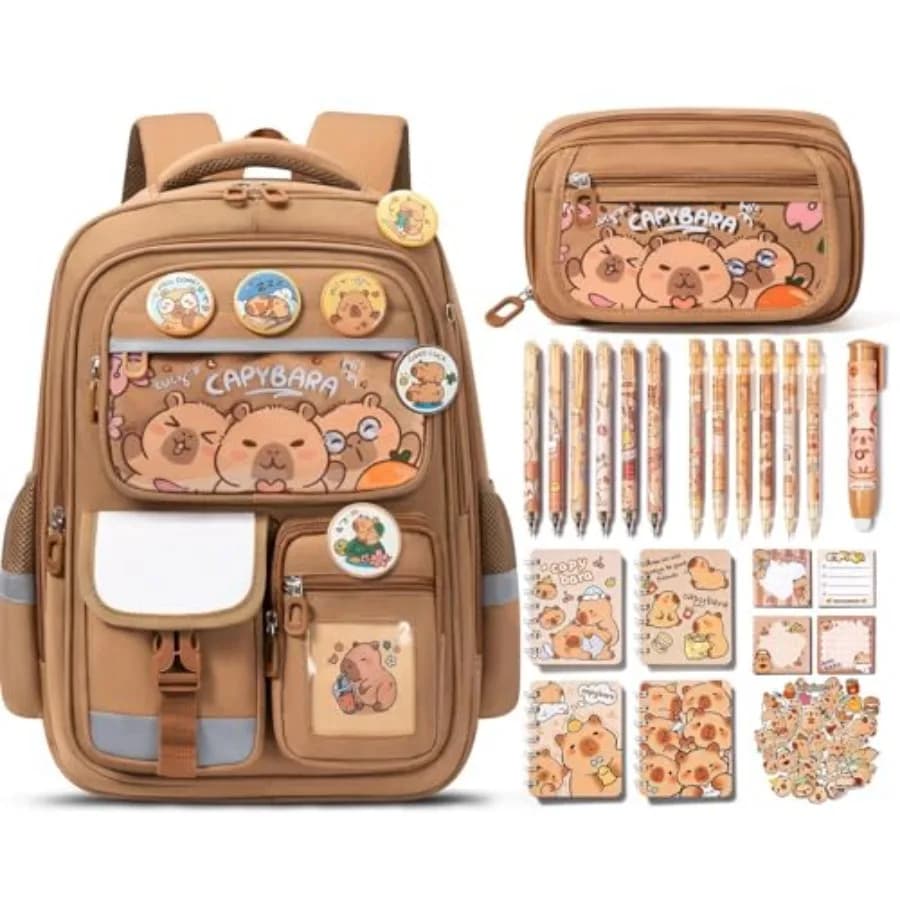 Capybara Backpack for School Girls, 30PCS Capybara Toddler School Supplies Stationery Set with Bookbag Pencil Case Pens Pencils