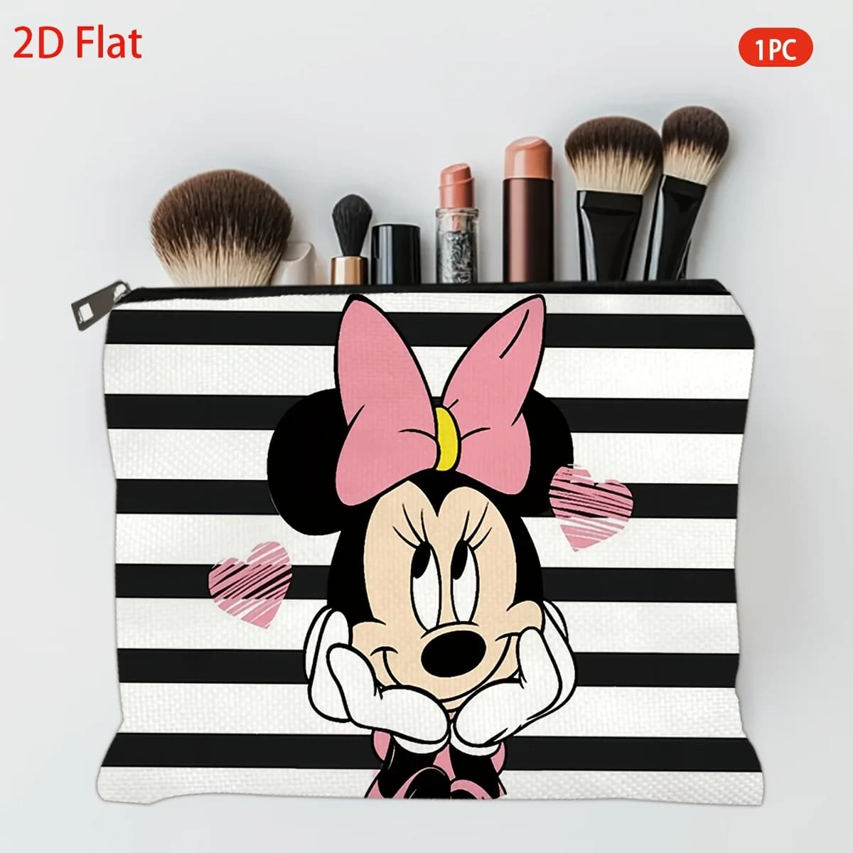 1 cosmetic bag Minnie Mouse white and black striped with pink heart, zipper makeup bag, ideal for storing daily cosmetics and travel