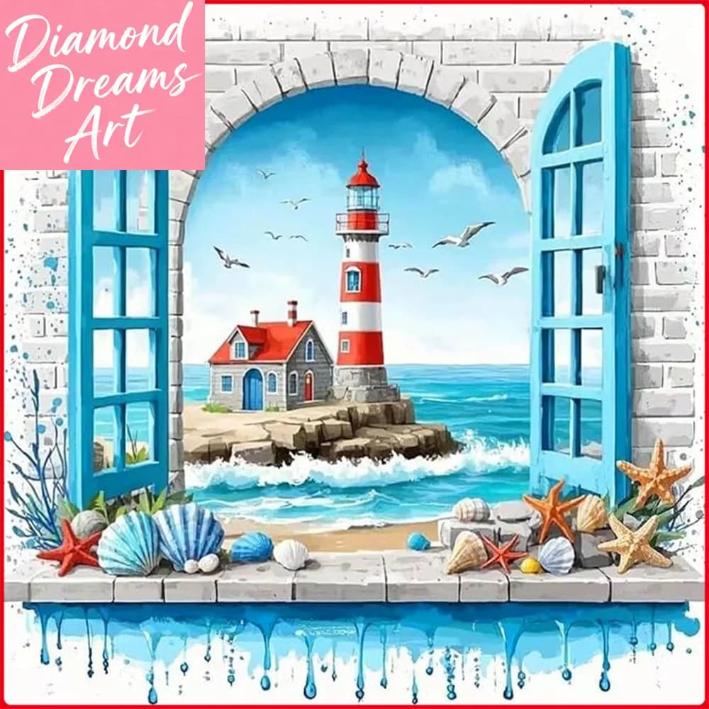 Dipinto Decorativo Senza Cornice, Pittura Diamante 5D Fai da Te, Faro sul Mare con Conchiglie, Ricamo Diamantato Paesaggistico, Nuova Collezione 2025