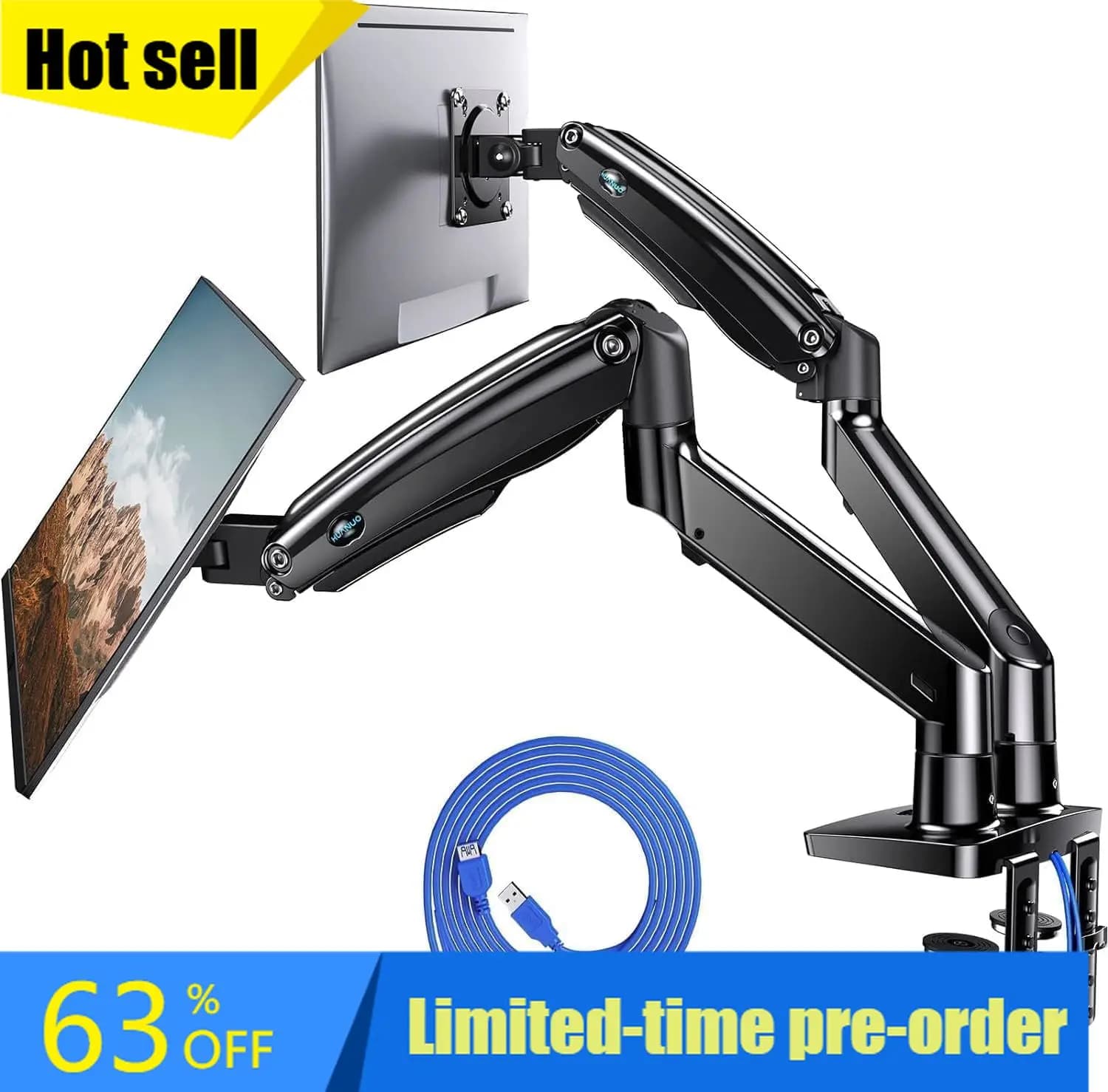 13′′′–40′′′ double monitor support, premium double monitor support with USB, height adjustable monitor support for 2 monitors, VESA support