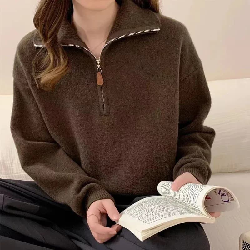 Half Open Zipper Knitted Sweaters for Women 2026 New Thicken Warm Autumn Winter Jumpers Female Vintage Loose Pullover Sweater