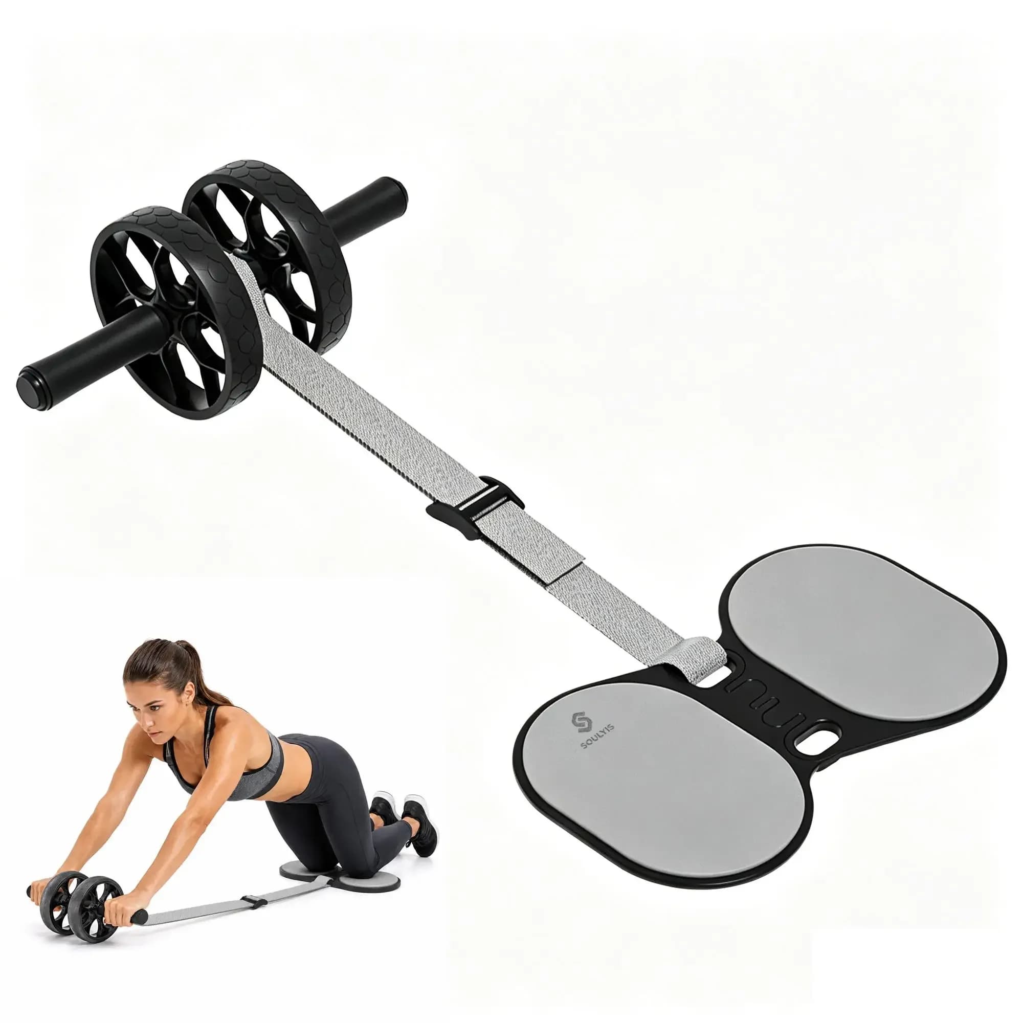 Double Wheel Ab Roller with Elbow Support and Resistance Bands Quiet Non-Slip Abdominal Exerciser Elastic Rope Core Training Equipment Ergonomic Handles Adjustable Intensity Home Gym Full Body Workout Fitness Machine