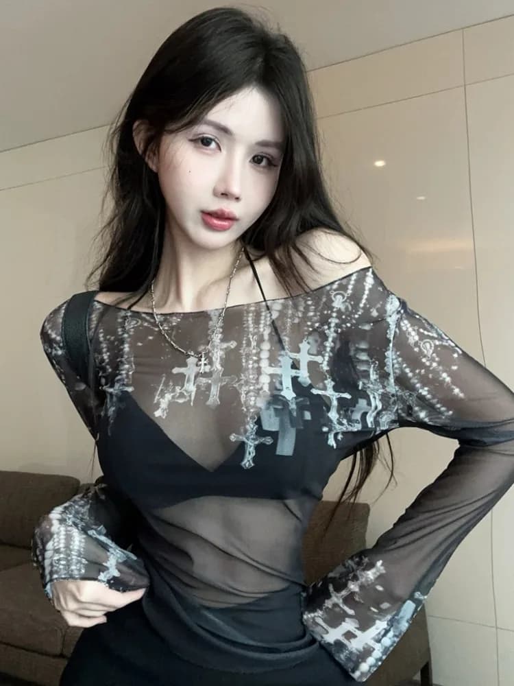 Sexy Transparent One-Shoulder Printed Mesh Long Sleeve Base Shirt Pure Desirable Spicy Waist-Cinching Slimming Sunscreen Long...