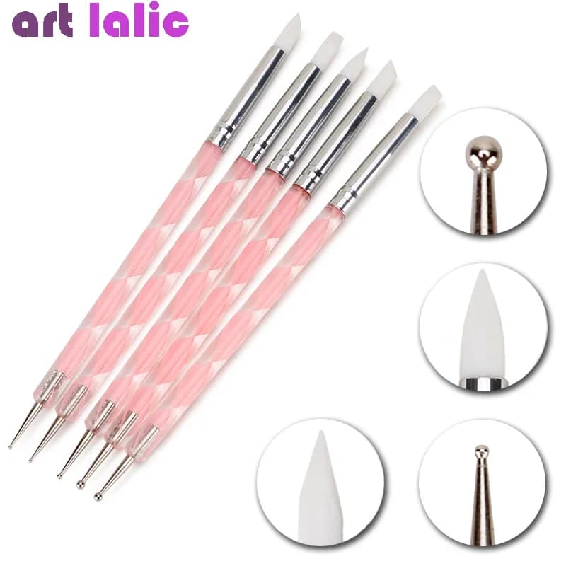 Kit di strumenti per pittura floreale in acciaio inossidabile con penna per nail art in silicone a 2 vie da 5 pezzi per il design creativo di manicure