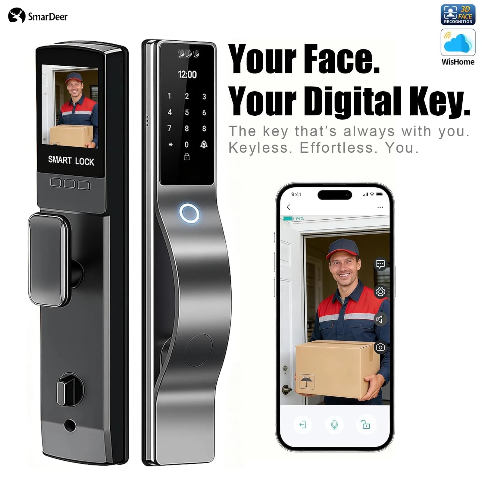 Serratura con Riconoscimento Facciale SmaerDer, Serratura Intelligente con Impronta Digitale, Carta Magnetica e Password, Serratura Elettronica Automatica per Cancelli e Porte