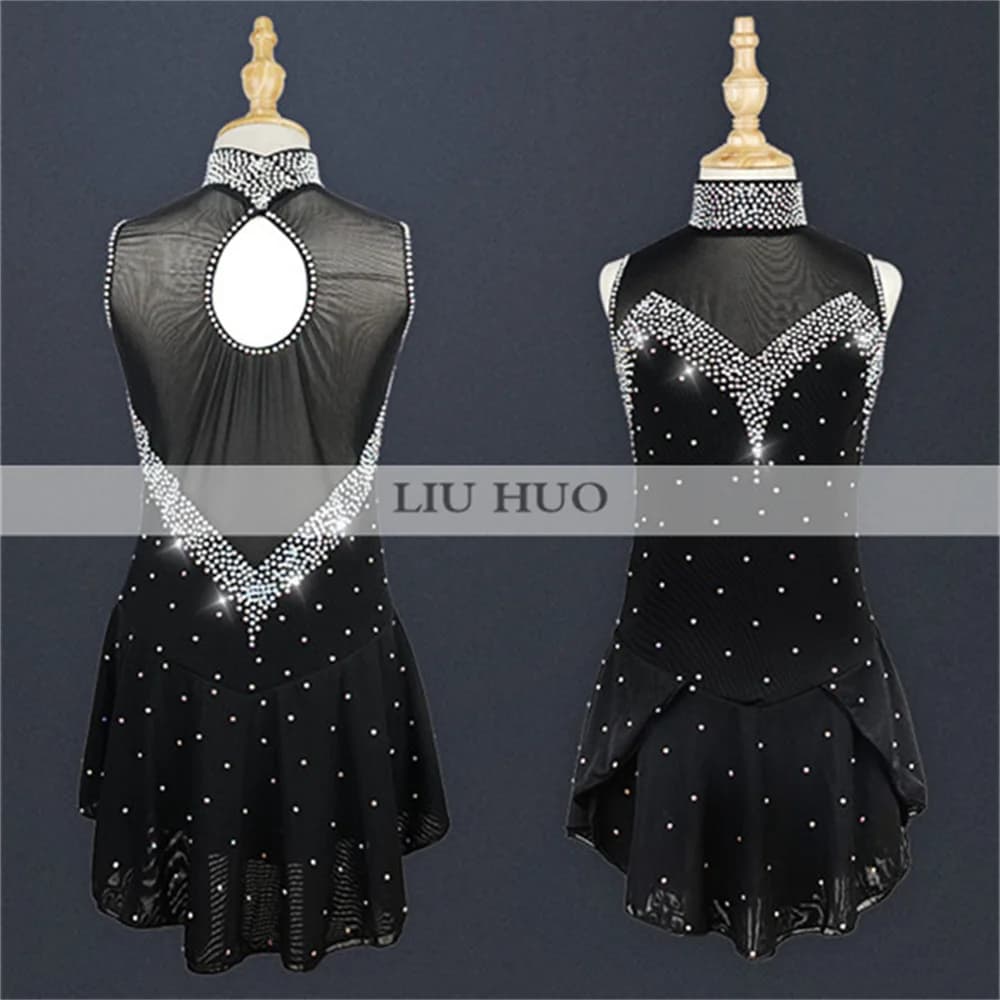 LIUHUO Women Girl Performance Aldult Gymnastics Competition Leotard Ice Figure Skating Dress Dance Costume Sleeveless Black Teen