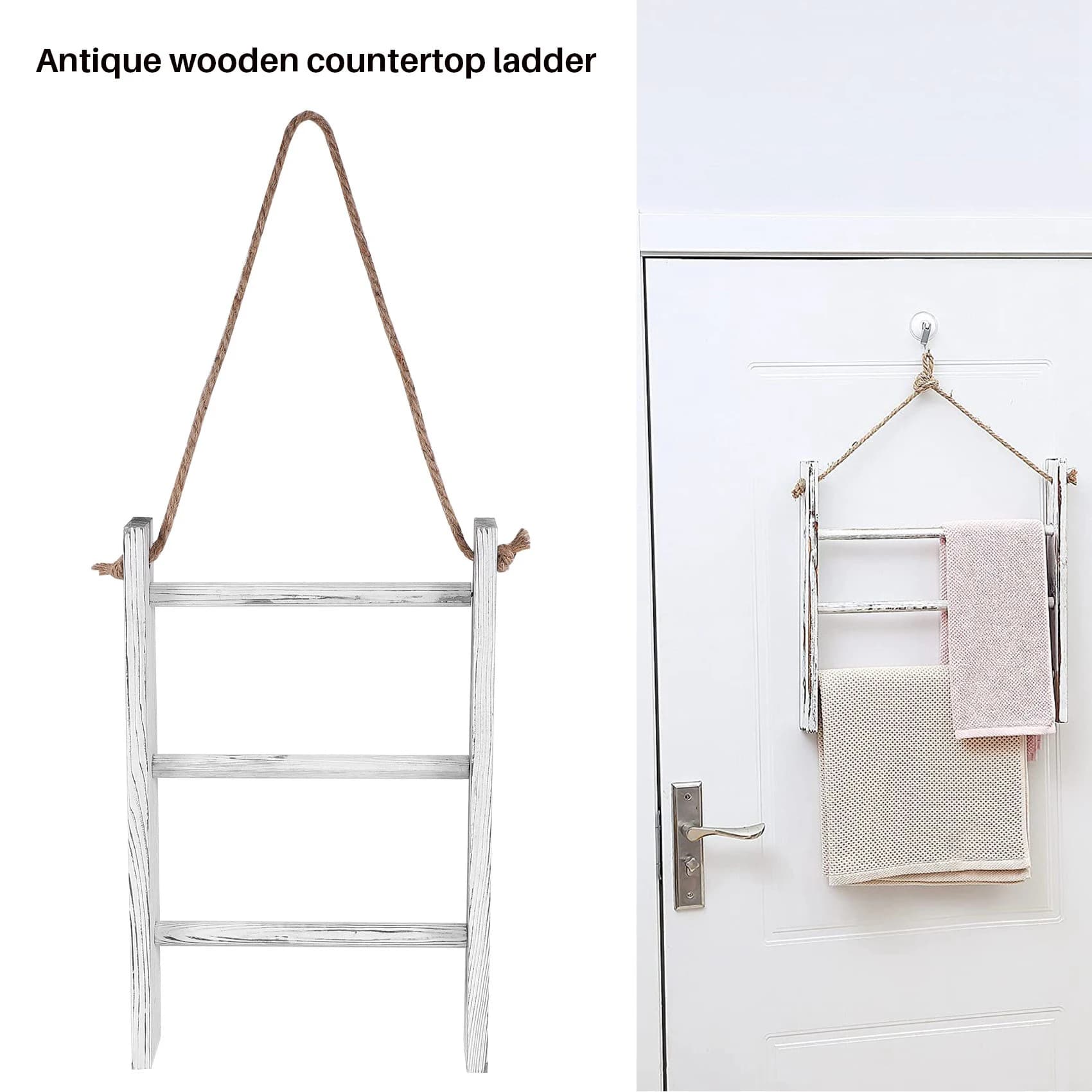 A72P Wall-Hanging Towel Ladder Rustic Whitewashed Wood Countertop Ladder Farmhouse Decor Towels Rack With Adjustable Rope