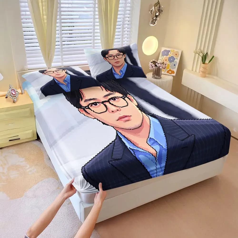 Pixel Pinstripe Suit Glasses Fitted Sheet Set Bed Sheet Set Bedding Set No Fillers Minimal Digital Print Office Style Bedroom Be