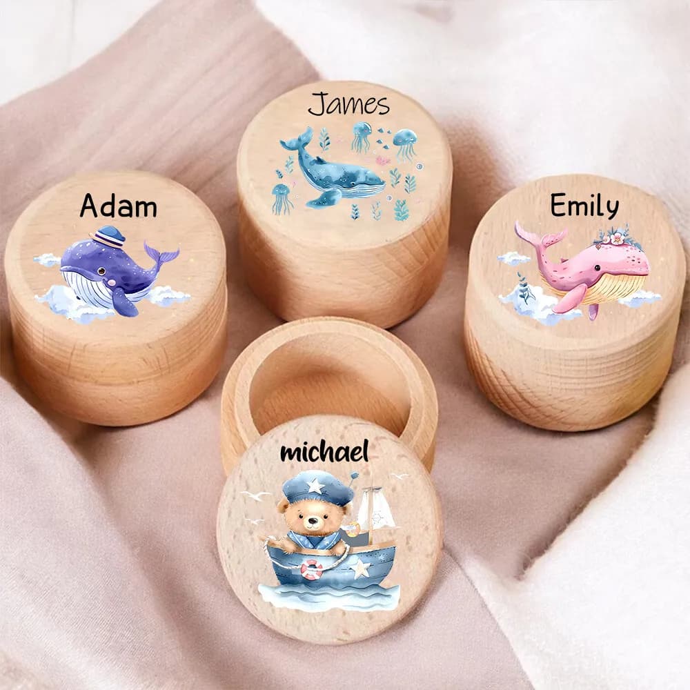 Personalised Whale with Name Teeth Box Baby Tooth Boxes Custom Keepsake Umbilical Curl Hair Wood Collect Case Kids Shower Gift
