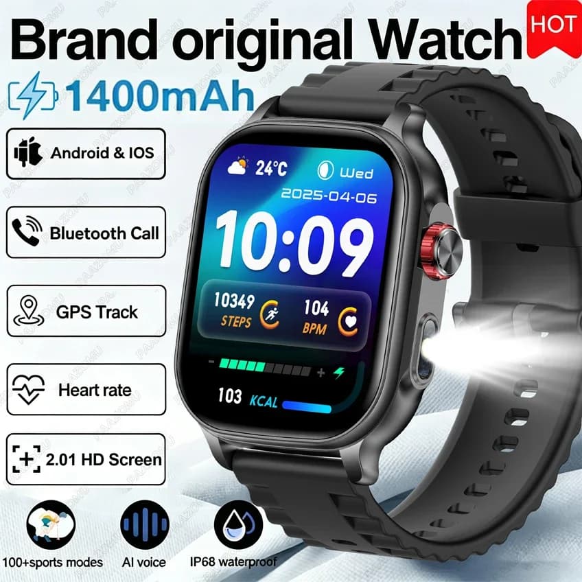 2026 New Smart Watch Men Women 1400mAh Ultra Battery 2.01Inch HD Screen LED Flashlight IP68 Waterproof Bluetooth Call SmartWatch