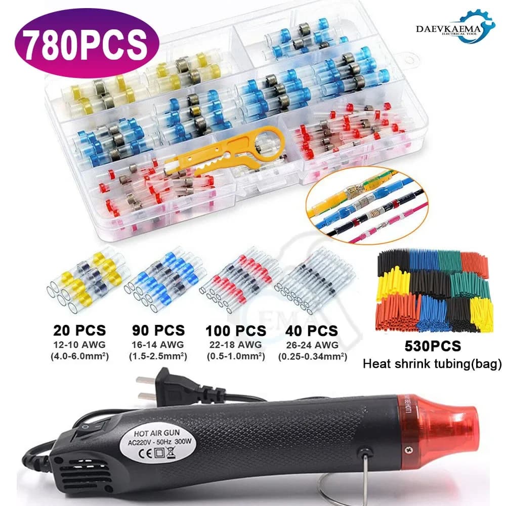 250PCS Connettore del cavo di tenuta a saldare 530pcs Kit connettore di testa per tubi termorestringenti Automotive Marine isolato con pistola ad aria calda da 300 W
