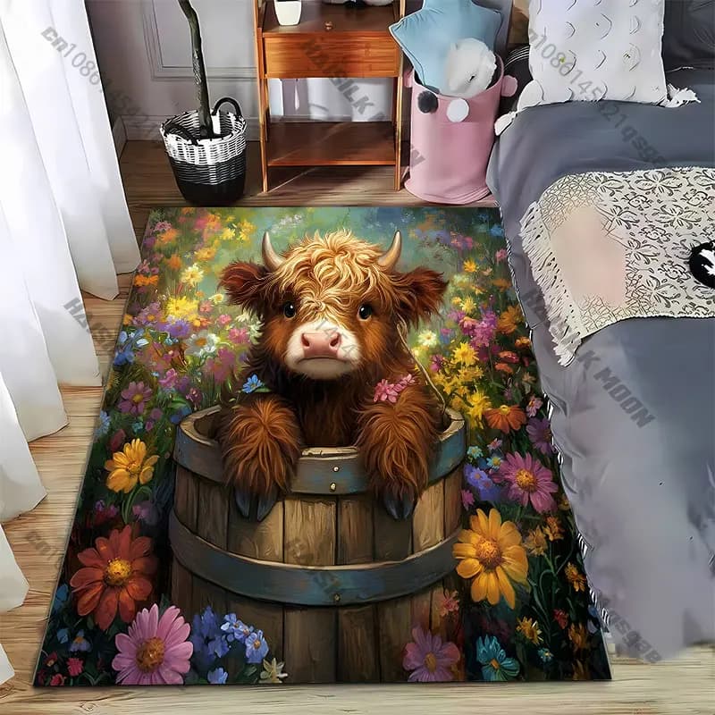 Tappeto Highland con motivo a fiori e vitelli, con motivo a secchiello in legno, per yoga, arredamento soggiorno, tappetino per gattonare per bambini, zerbino, tappeto decorativo, tappetino da gioco