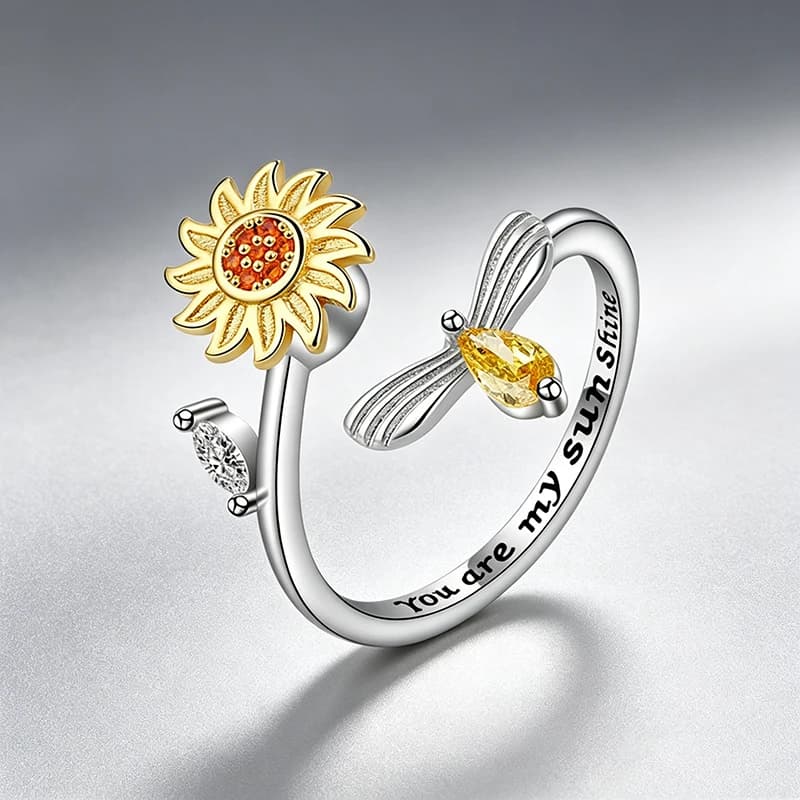 Anello Girevole Girasole Dorato con Cristalli Delicati e Ape, Gioiello da Dito per Ragazze, Anelli Antistress, Regali e Accessori Rilassanti
