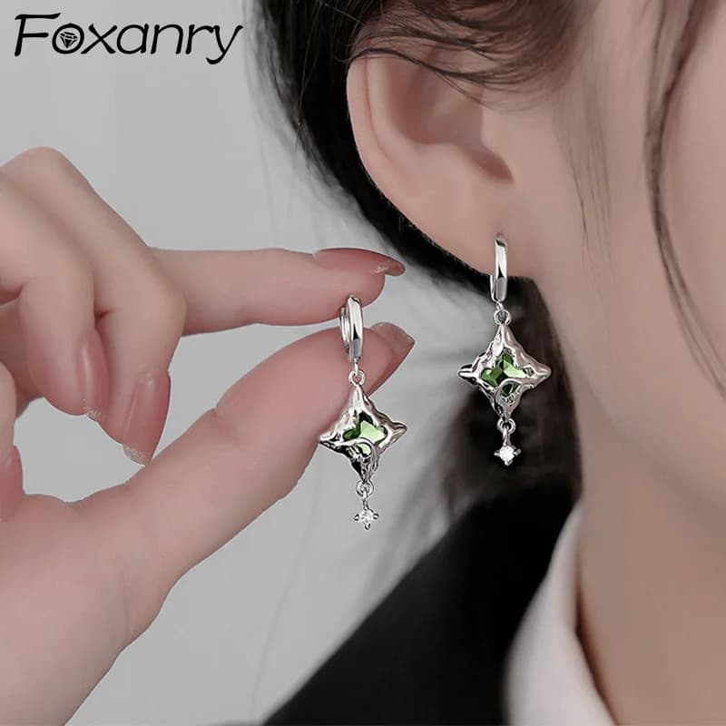 Foxanry Green Zircon Star Drop Earrings For Women Girls Fashion Simple Classic Elegant Prevent Allergy Anniversary Jewelry Gifts