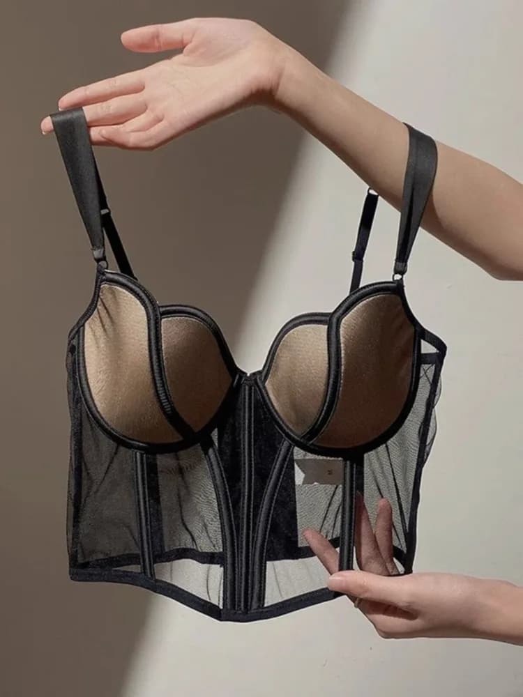 French Style Fishbone Corset Bra Set Push Up Thin Lingerie For Small Breasts Full Support Anti Sag Plus Size S-XL Sexy Underwear