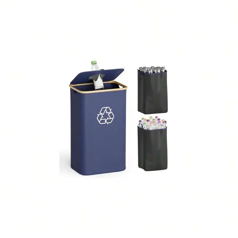 Recycling Bin With Lid And 2 Reusable Inner Bags For Bottle Can Glass Plastic 100L Blue