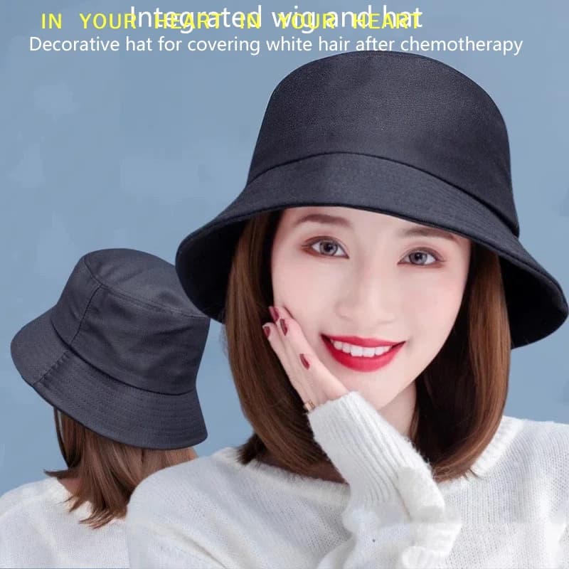 Cappello a secchiello sintetico con parrucca corta liscia alla moda per l'autunno, con extension a clip per donna