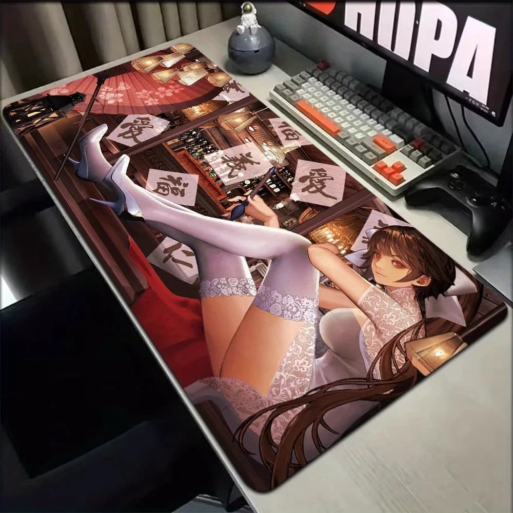 Tappetino per mouse Anime Girl with Mahjong Tiles - Abito in pizzo, Scena con letto rosso, Grande tappetino da scrivania per gaming, Base in gomma antiscivolo, Superficie liscia