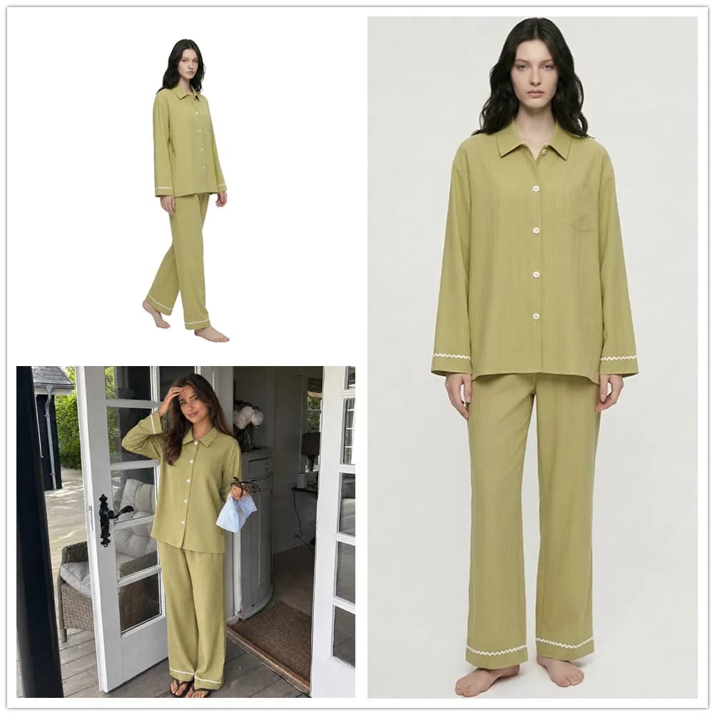 Summer Green Womens Pajamas Set Lounge Wear Elegant Shirt Trouser Pijamas Suit Loose Satin Sleepwear Homewear