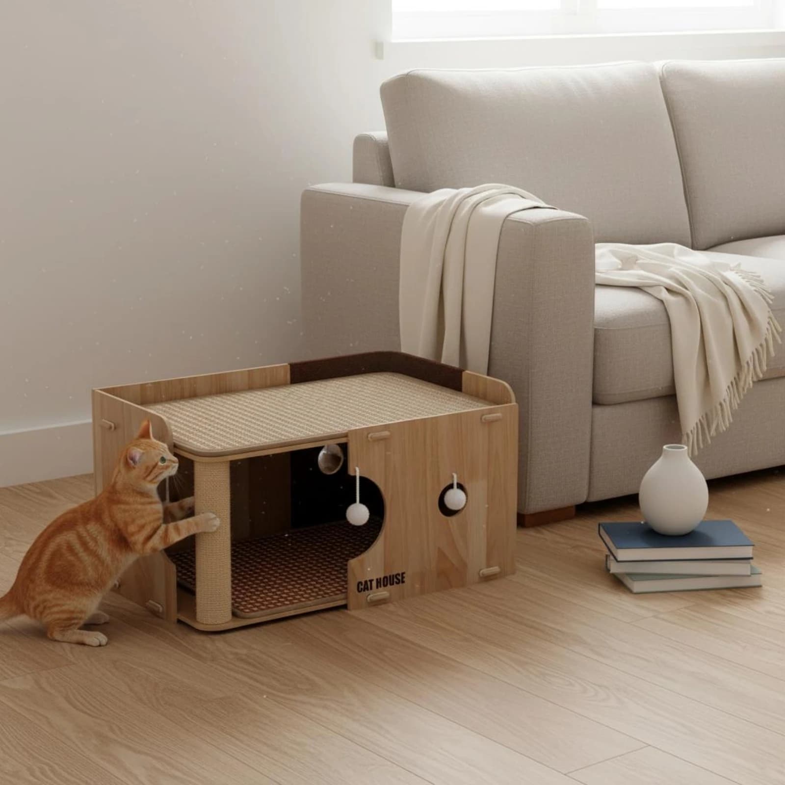 Feline Scratcher House Woven Multi-Level Feline Condo Pet Furniture Curved Opening Compact