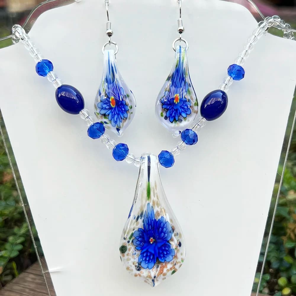 Set di Gioielli in Stile Cinese con Ciondolo in Vetro di Murano Fatto a Mano, Collana e Orecchini, Regalo di Moda