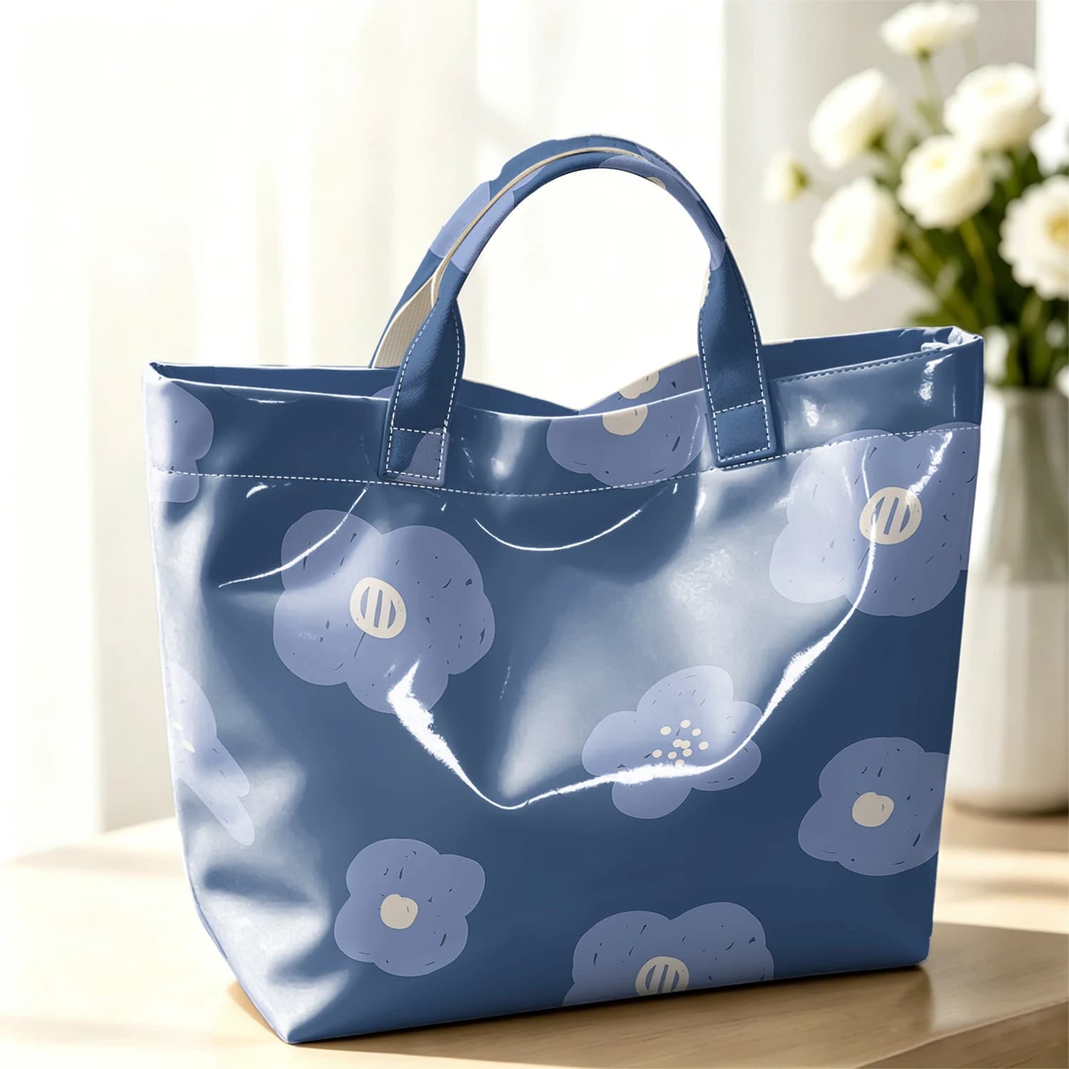 Indigo Ditsy Blooms Fashion Large Glossy PVC Tote Bag Hand Washable Waterproof Perfect Travel Commute Cosmetic Storage Shopper