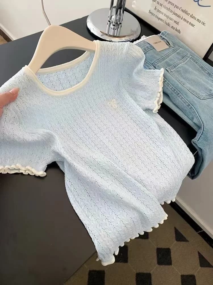 Korean Style Blue Bow Knot U-Neck Short Sleeve Women's T-Shirt Sweet Knitted Summer Top Shoulder Level Design
