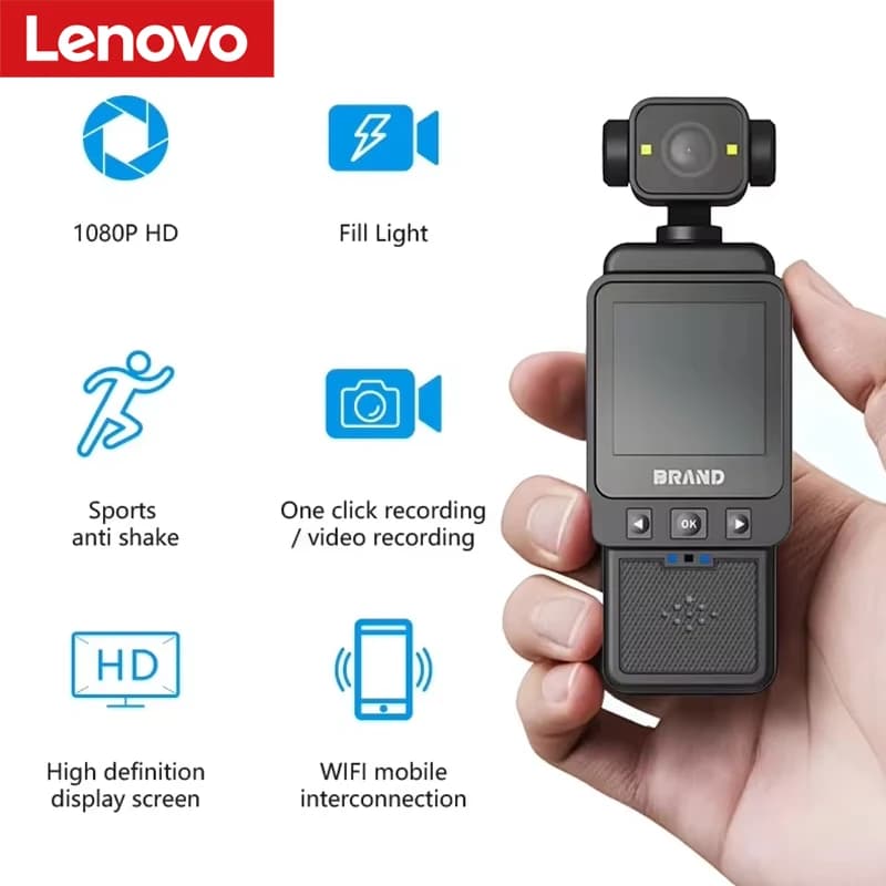 Videocamera d'Azione Portatile Lenovo con Schermo LCD Frontale Touch e Schermi Posteriori, 4K 1080P, Impermeabile, Angolo di Ripresa 180° ° Rotazione dello schermo