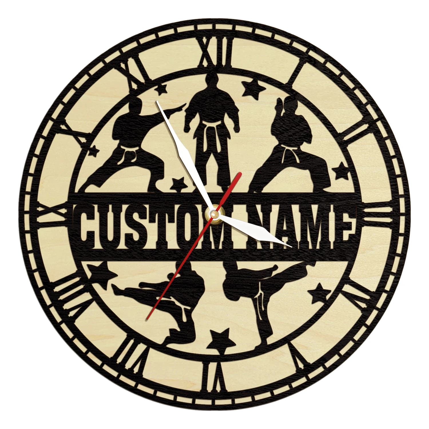Custom karate player name Wall clock with wooden frame Japanese martial art Home decoration Wooden living zipper watch Fighting art