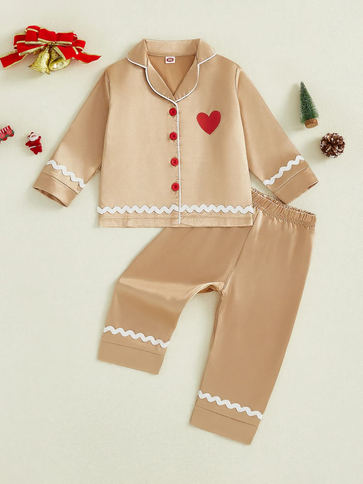 Pigiama natalizio in raso per bambini con stampa di renne, manica lunga, risvolto, bottoni, top e pantaloni coordinati festivi