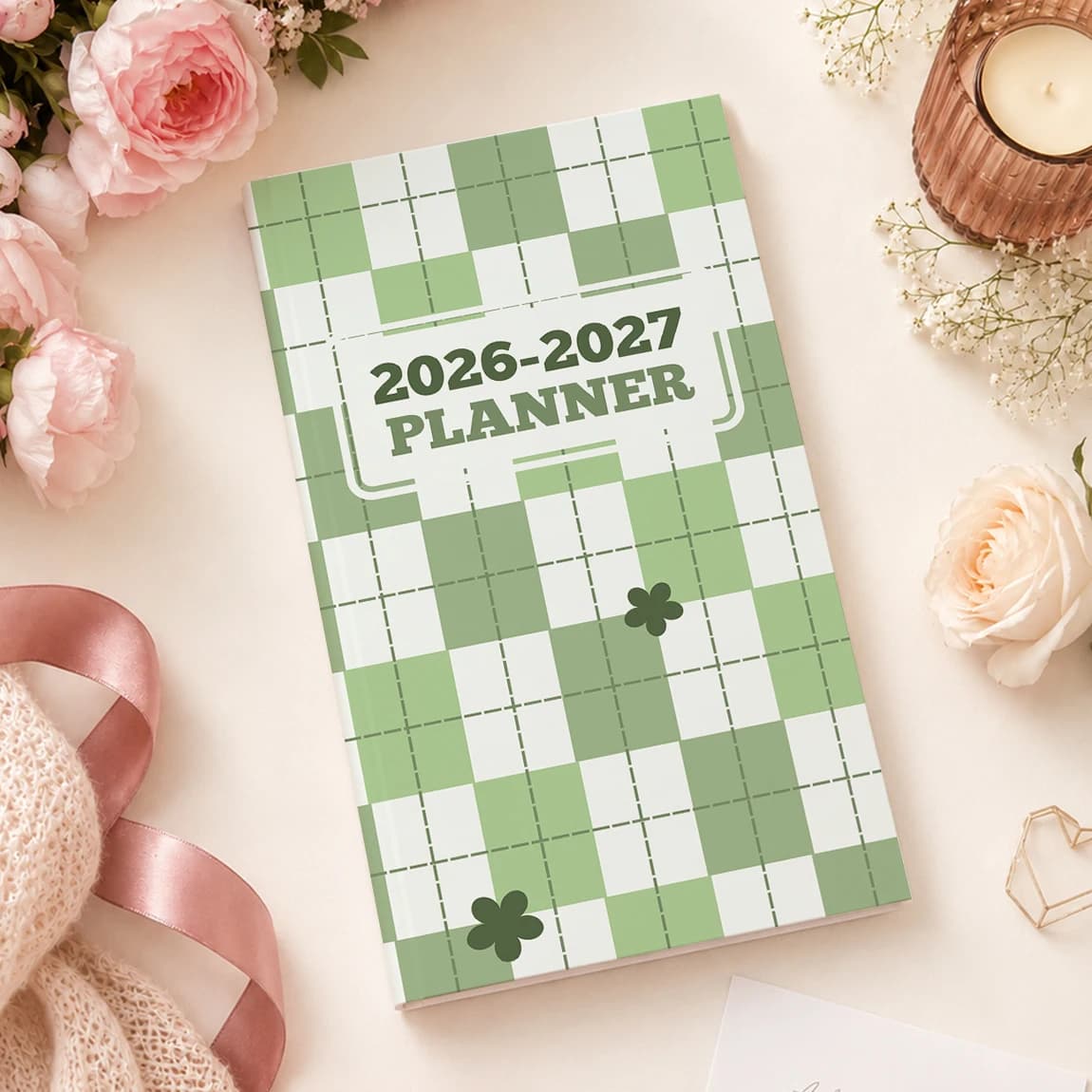 1PC A6 2026-2027 Monthly Planner Notebook, Green Plaid Portable Agenda with Notes, Holiday Reminders & Reference Calendars