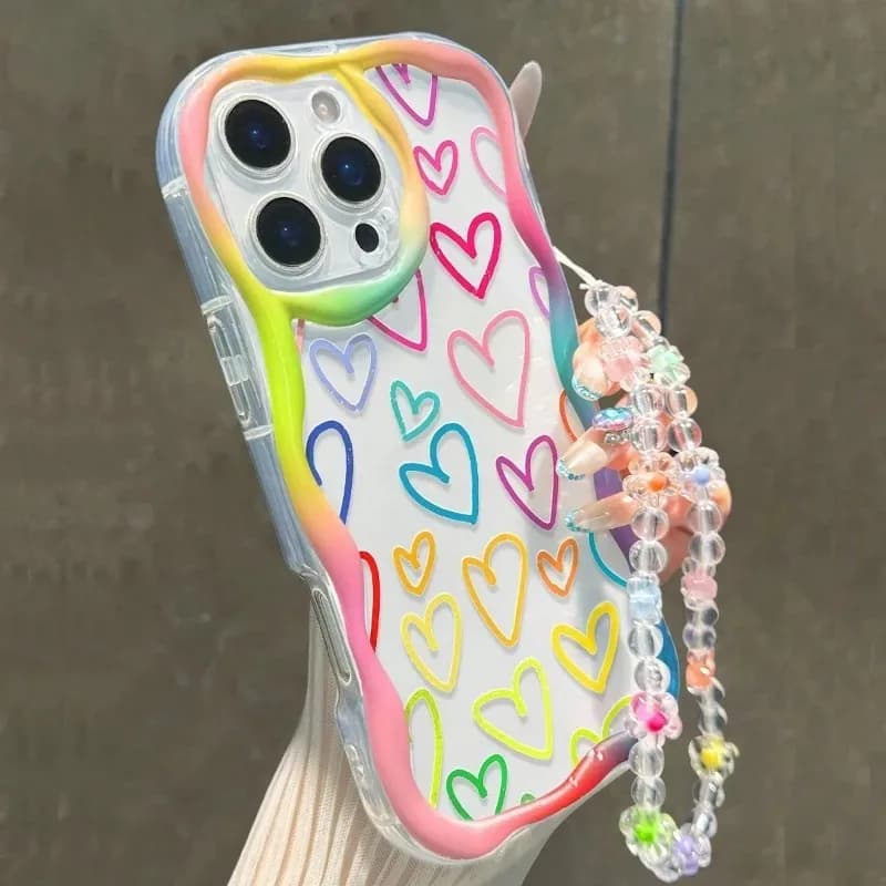 Colorful Love Heart Pattern Wavy-edge Silicone Phone Case For iPhone 17 16 15 14 13 12 11 Pro Max 17E With Lanyard Clear Cover