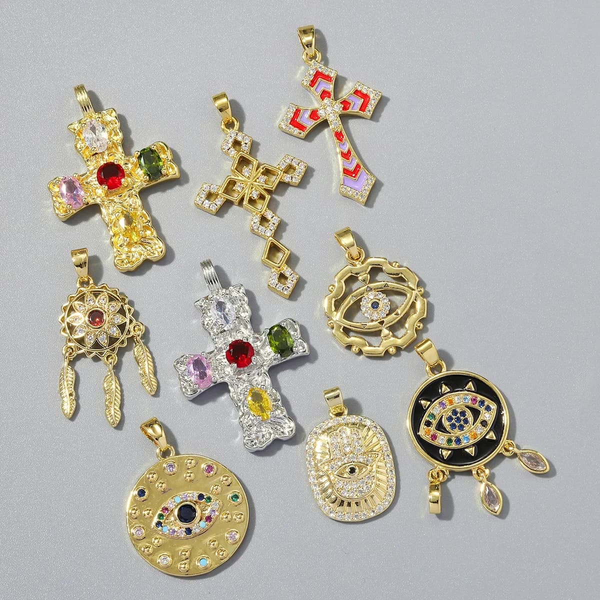 3pcs/Lot Enamel Dream Catcher Evil Eye Hamsa Hand Copper Zircon DIY Charm Wholesale Women Cross Flower Necklace Pendant Jewelry