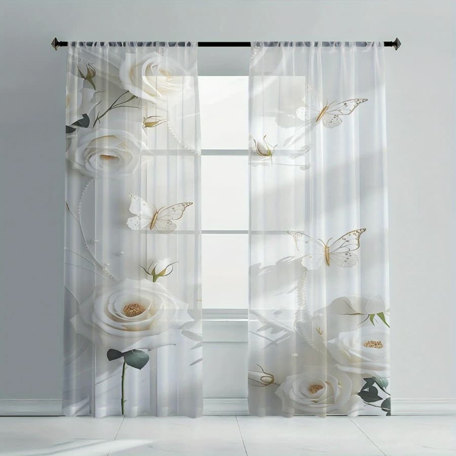 Digital Printing Sheer Curtain, White Roses Golden Butterflies Pattern, Romantic Luxury Wedding Bridal Bedroom Decor